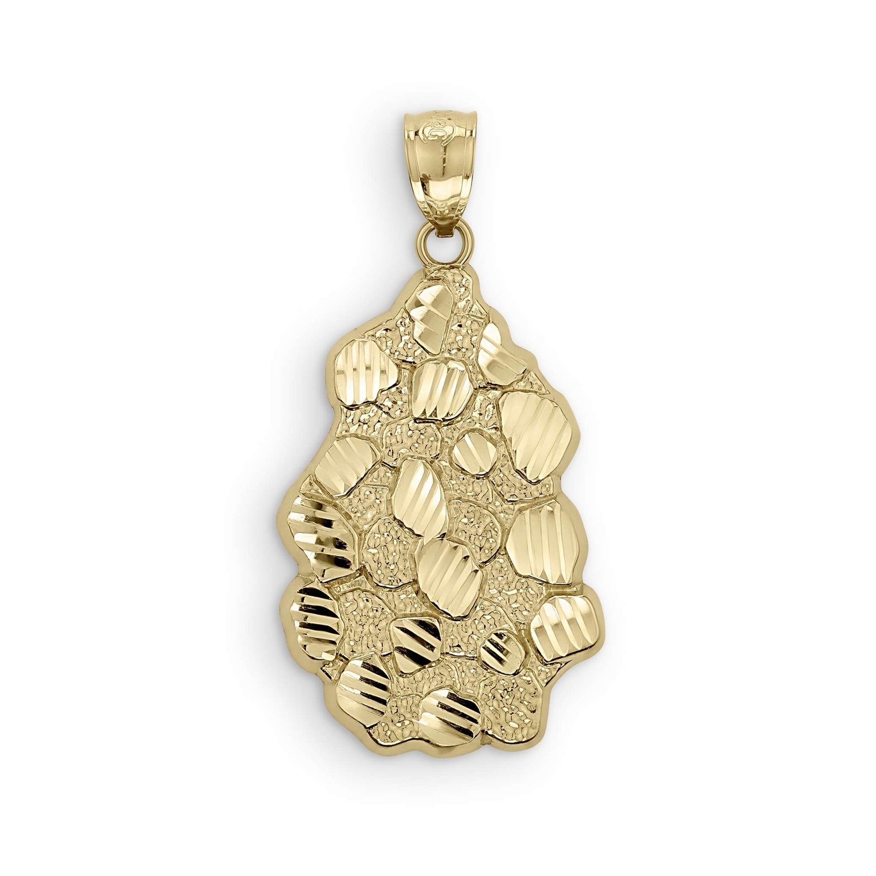 A 10k yellow gold vintage nugget pendant featuring a textured diamond-cut design.