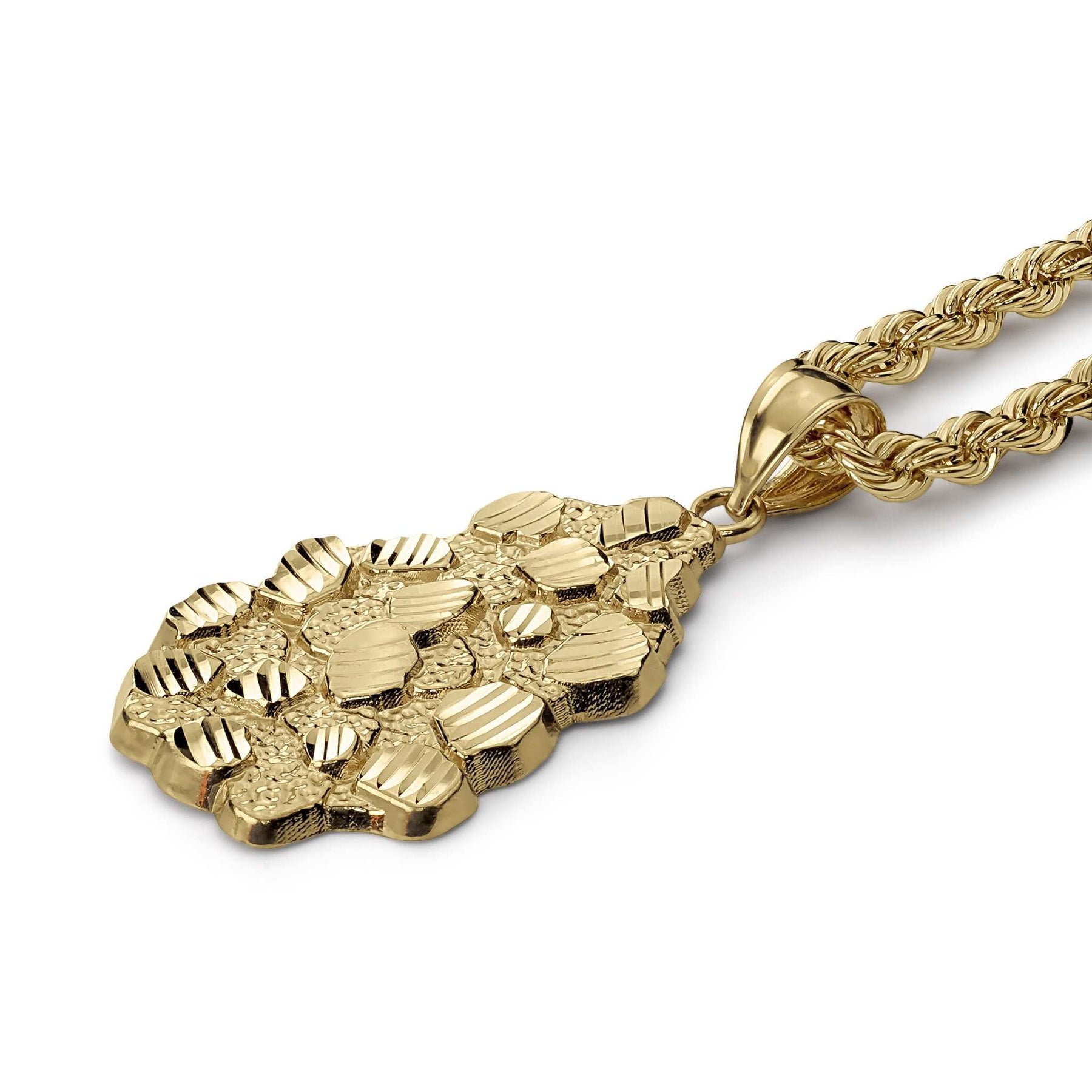 Close-up of a textured 10k gold nugget pendant with chain.