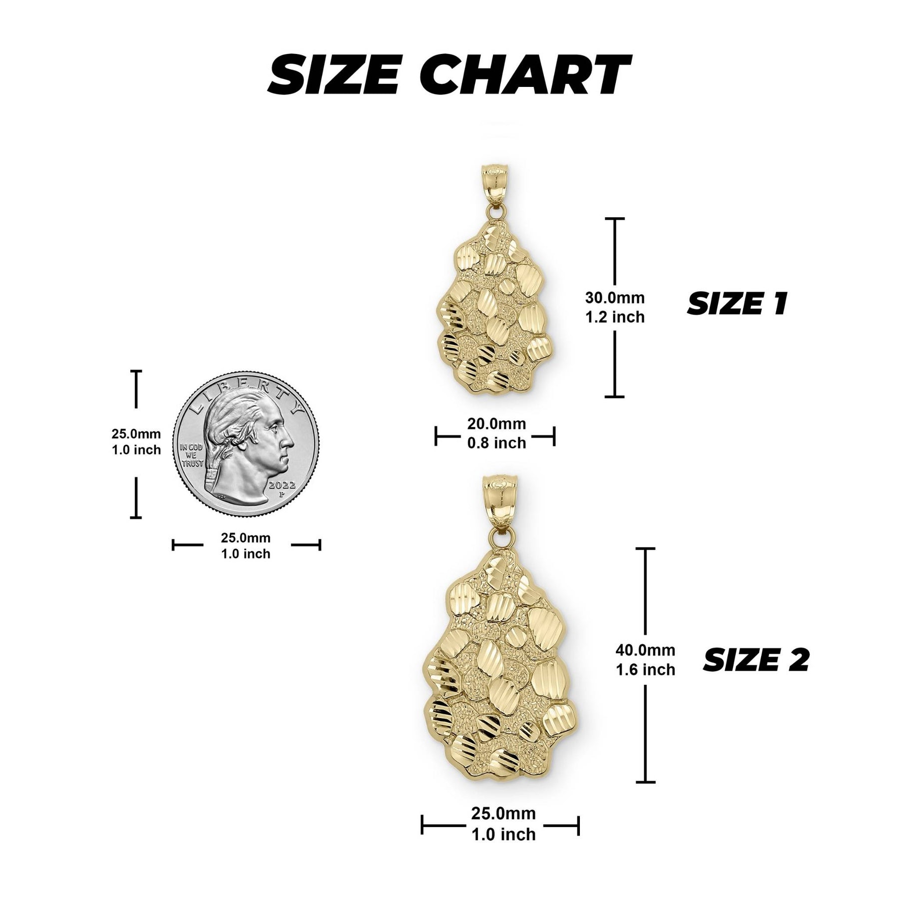Size chart showing dimensions for Size 1 and Size 2 gold nugget pendants with coin scale.