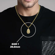 A man wearing a black shirt and a gold chain necklace showcasing the size 1 (30.0mm) vintage nugget pendant.