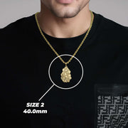A man wearing a black shirt and a gold chain necklace showcasing the size 2 (40.0mm) vintage nugget pendant.