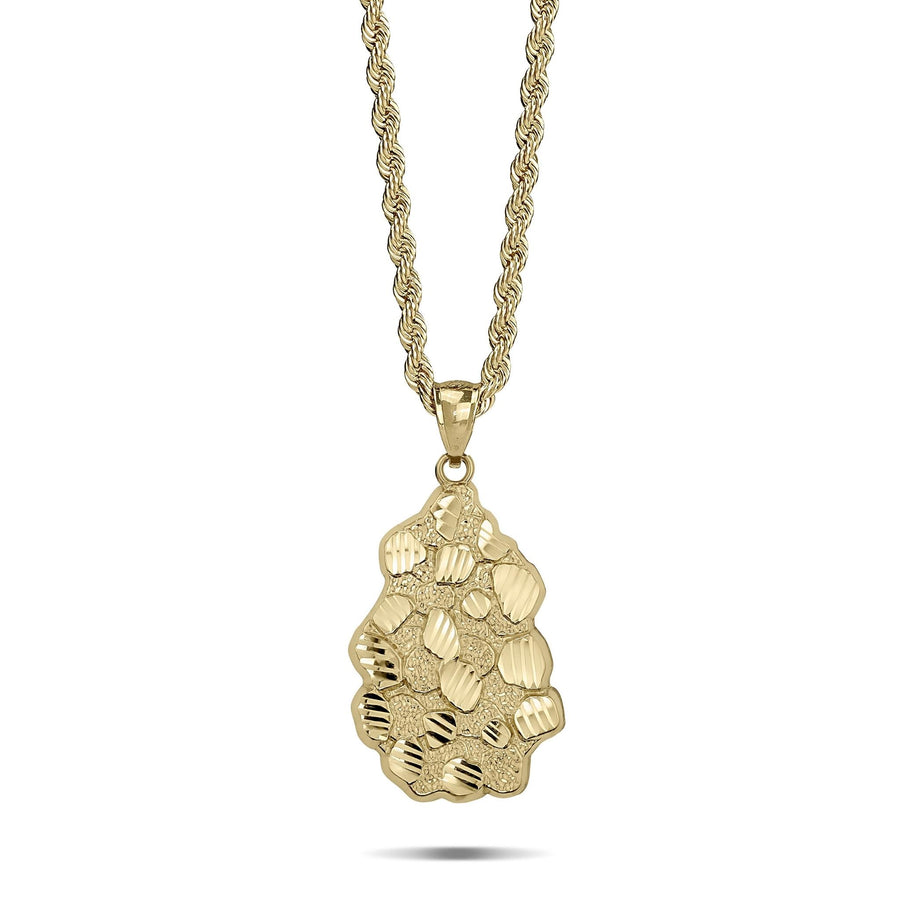 A 10k yellow gold vintage nugget pendant featuring a diamond-cut textured finish on a rope chain.