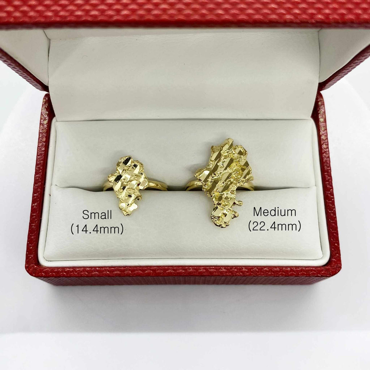 two 10k Gold Vintage Nugget rings in a red box with size labels on a white background