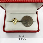 10k Gold Vintage Nugget ring in a red box with a quarter for size reference on a white background