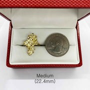 10k Gold Vintage Nugget ring in a red open box with a silver coin for scale on a white background