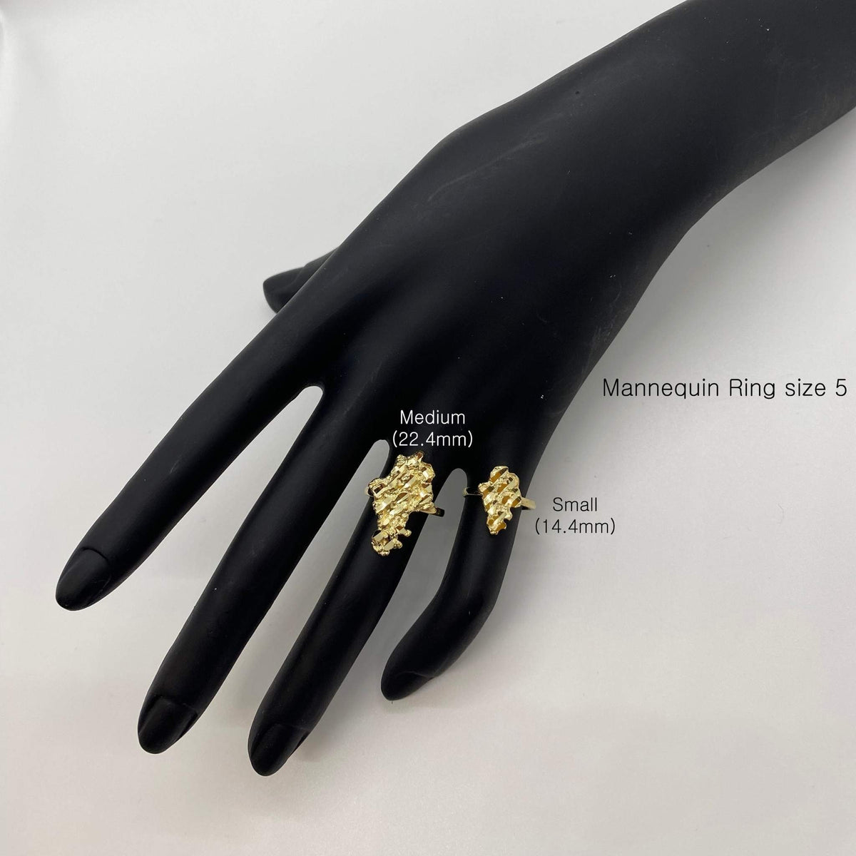 two 10k Gold Vintage Nugget rings on a black mannequin hand with size labels.