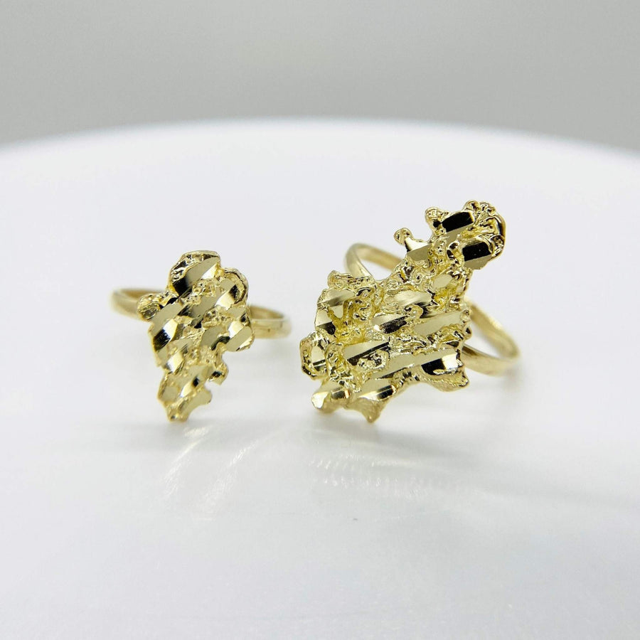 two 10k Gold textured nugget ring on a white background