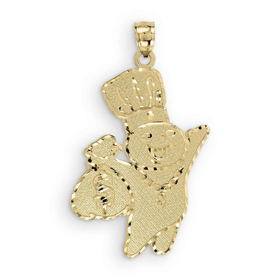 A sparkling 10k yellow gold Pillsbury Doughboy pendant holding a money bag on white.