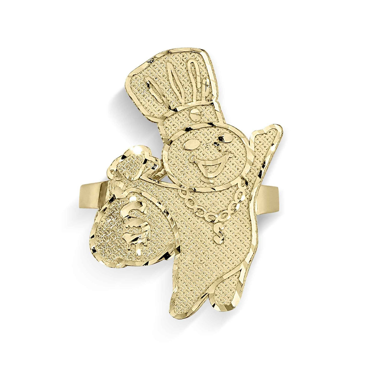 Side profile of a vintage gold Pillsbury Doughboy charm ring on white background.