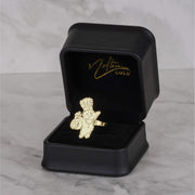 Textured gold Pillsbury Doughboy ring with a diamond-cut finish presented in a jewelry box.