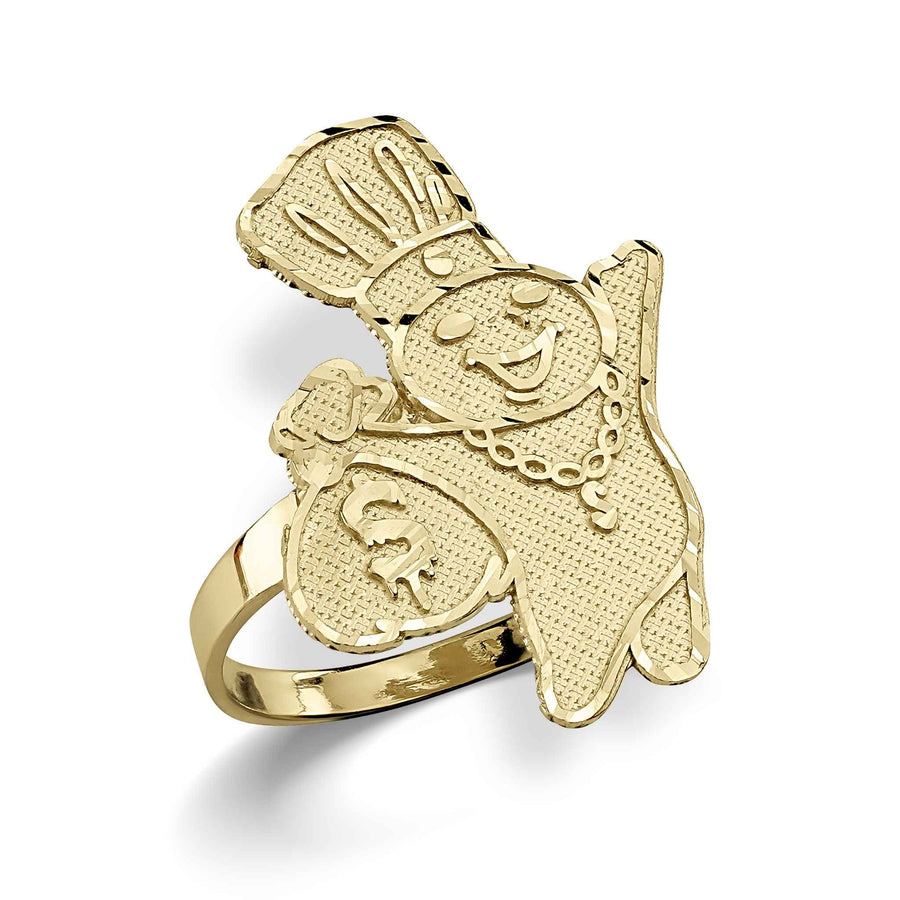 Diamond-cut 10k yellow gold Pillsbury Doughboy character ring with textured satin finish.