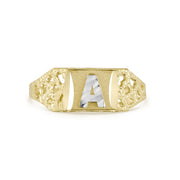 Vintage 10k yellow gold ring featuring a textured band and white gold initial.
