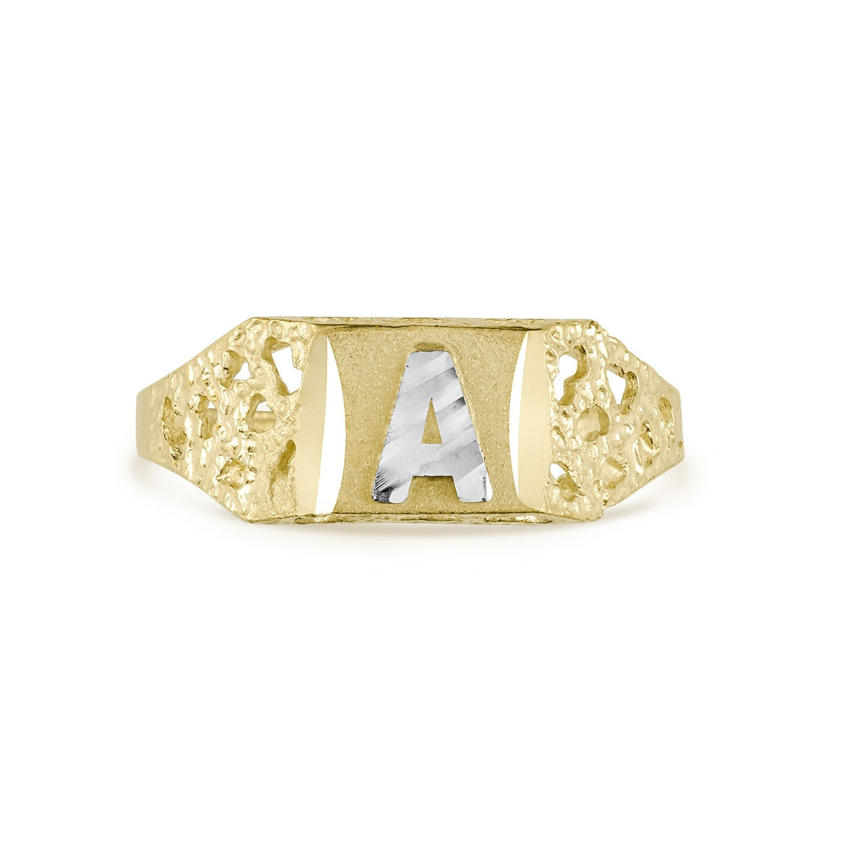 Vintage 10k yellow gold ring featuring a textured band and white gold initial.