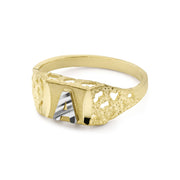 Side-angle view of a 10k gold signet ring with nugget band and white gold letter A