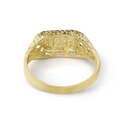 Back view of a yellow gold nugget signet ring on a white background.