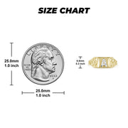 10k gold kids initial ring size chart with height measurements and a quarter.