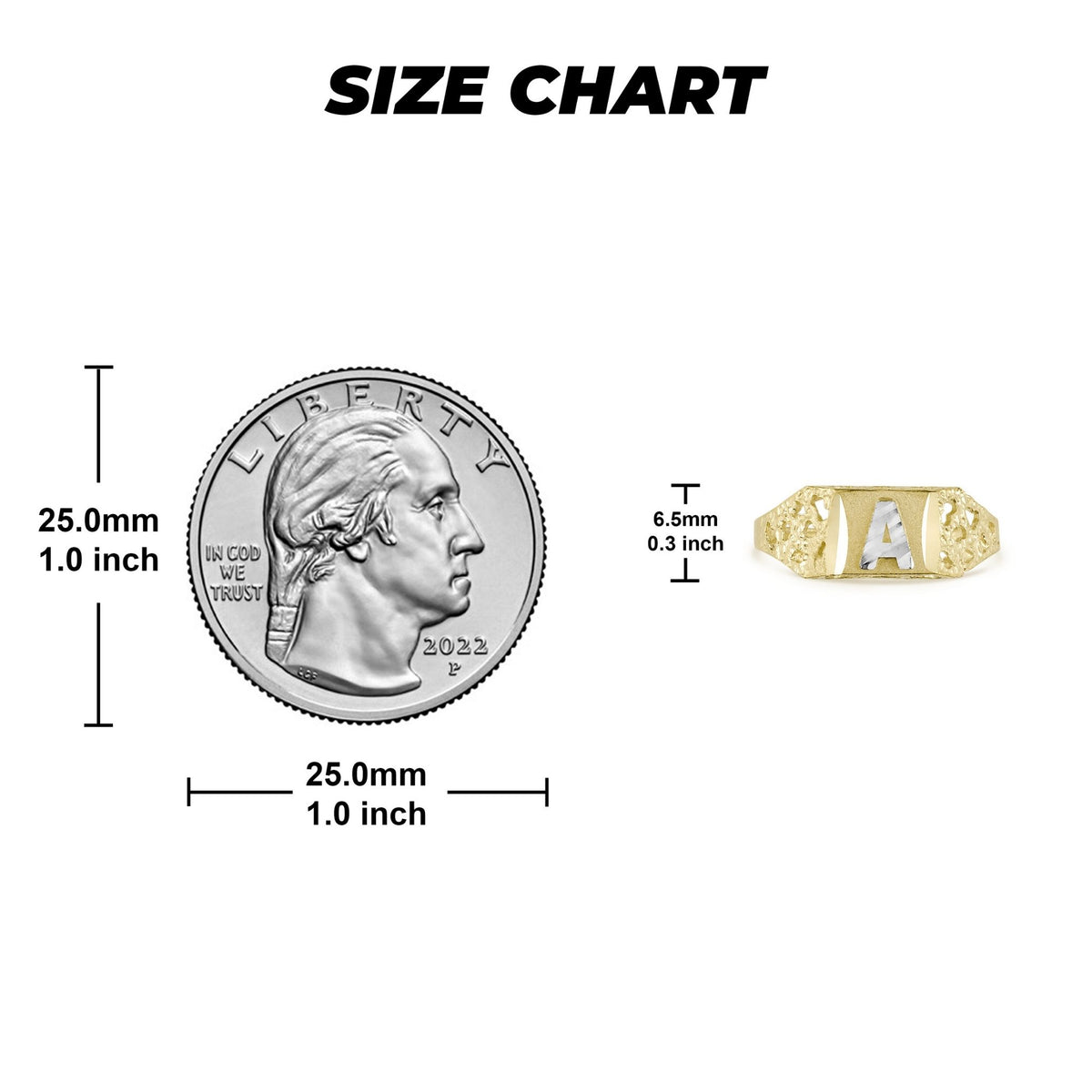 10k gold kids initial ring size chart with height measurements and a quarter.