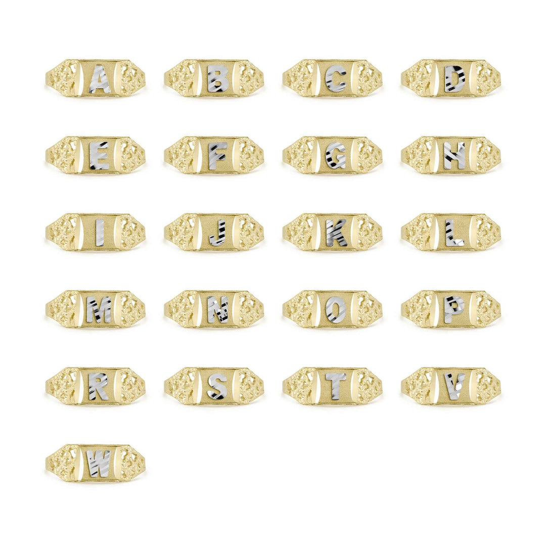 Collection of two-tone gold nugget signet rings with different alphabet initials.