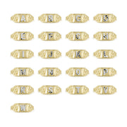 Collection of two-tone gold nugget signet rings with different alphabet initials.