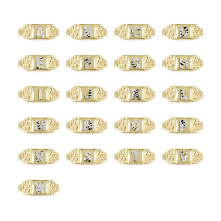 Collection of two-tone gold nugget signet rings with different alphabet initials.