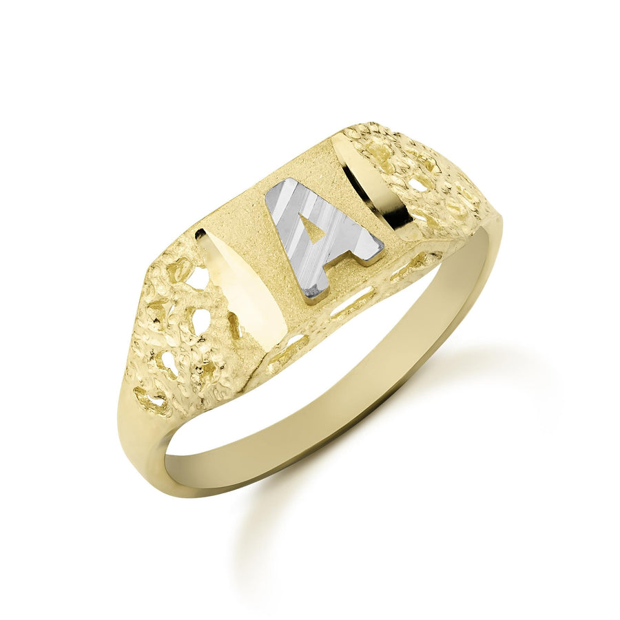 Gold nugget-textured signet ring with a white gold letter A initial.