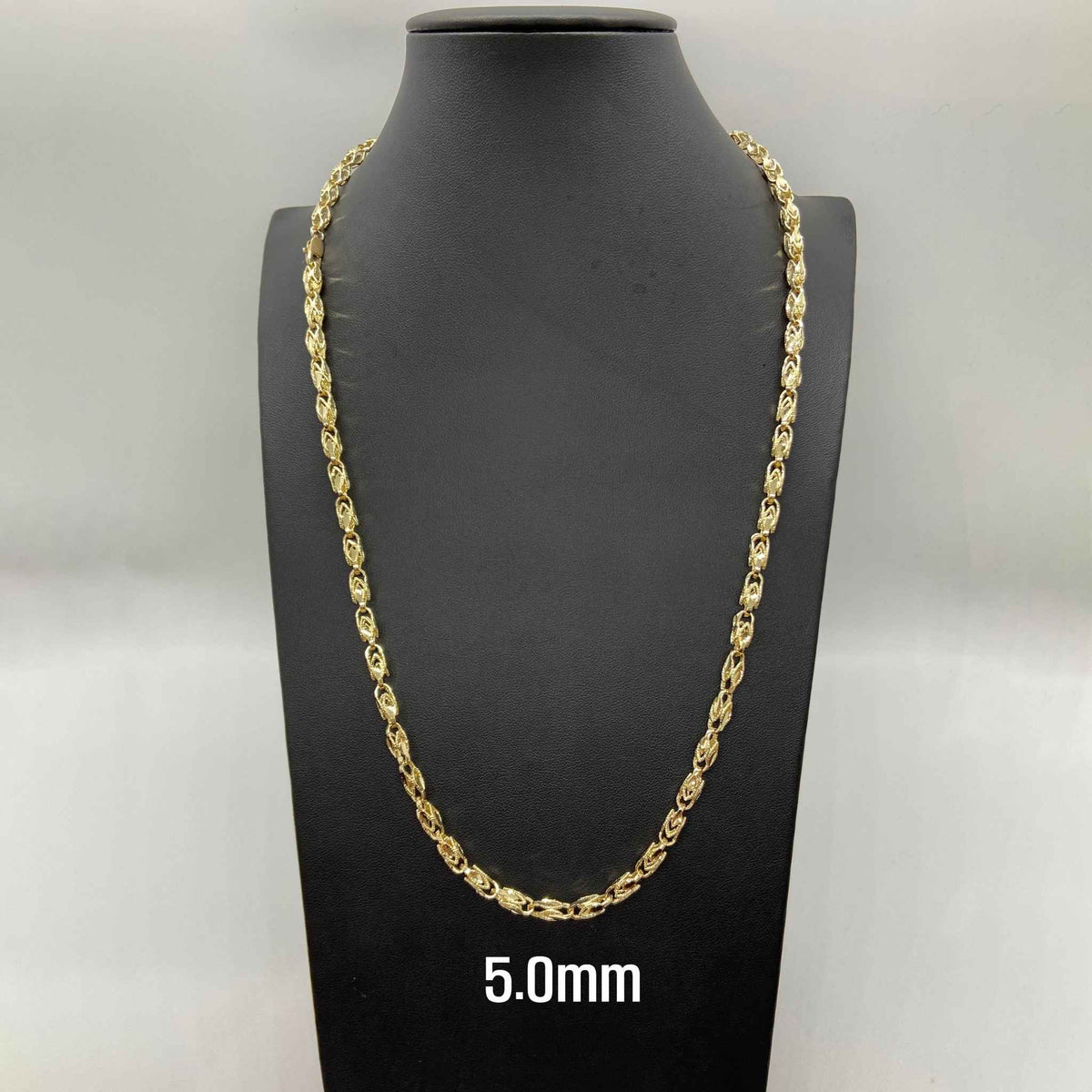 5.0mm 10k gold vintage Turkish link chain necklace displayed on a black bust mannequin.