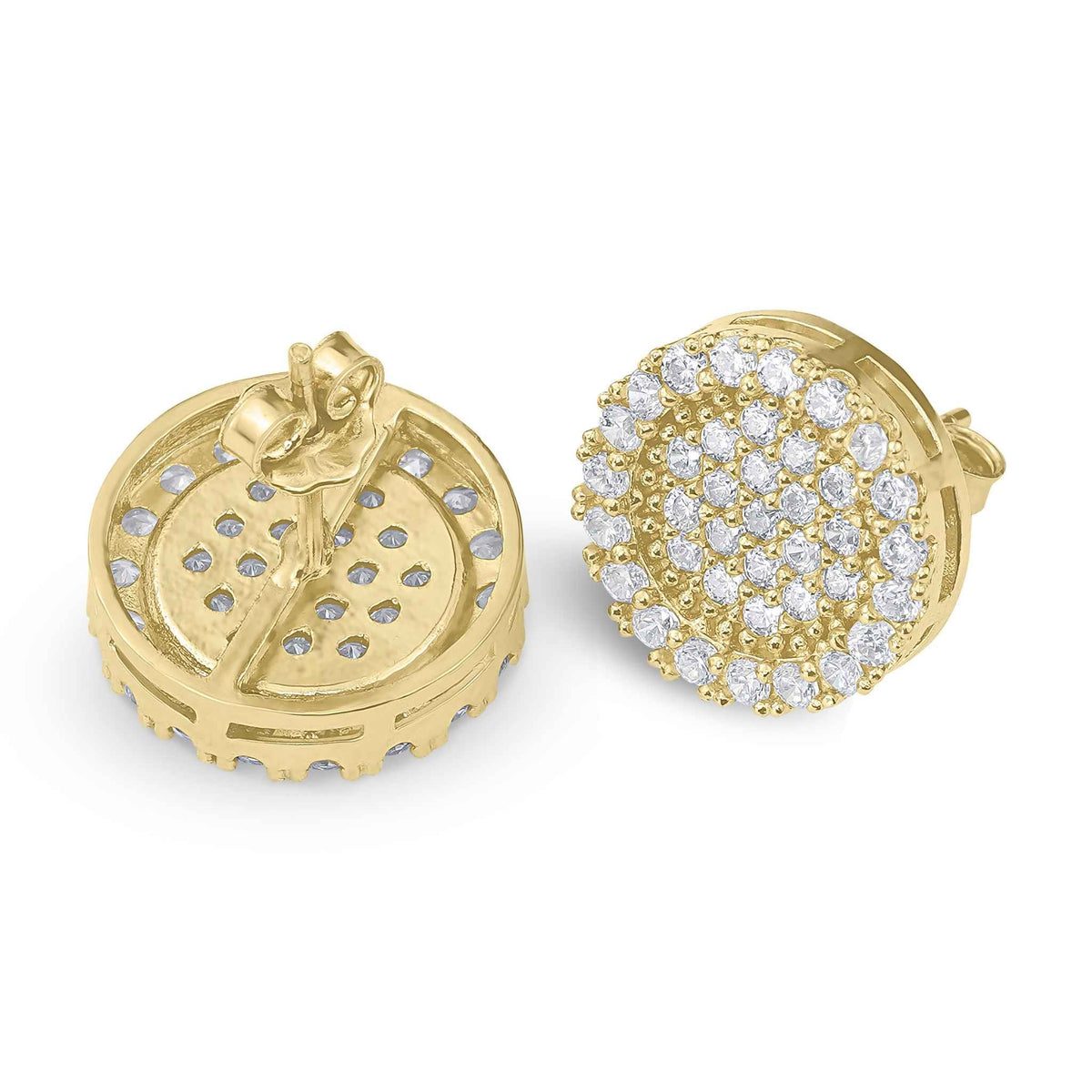10k gold round stud earrings with pavé-set cubic zirconia, showing front and back views.