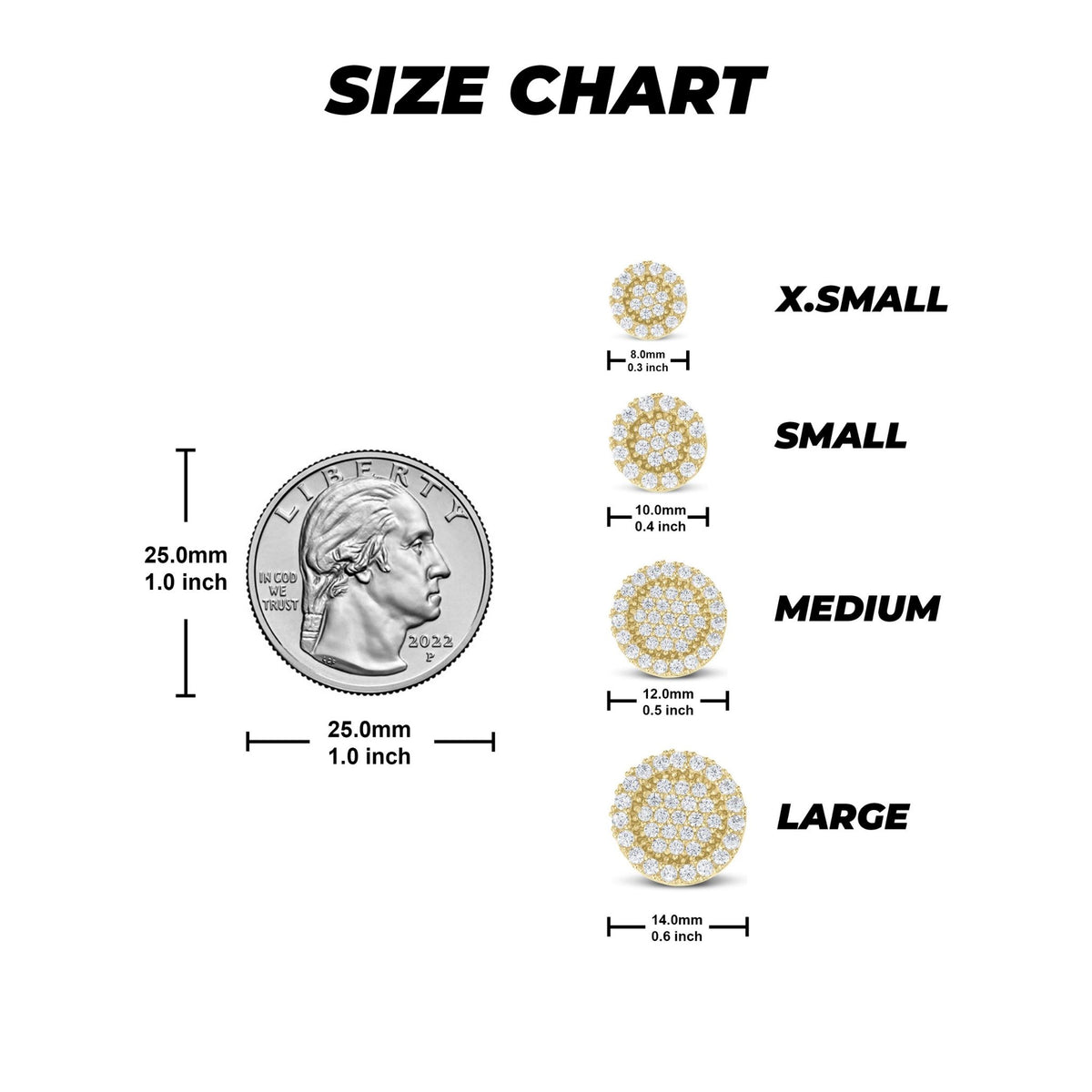 Size guide for Vinx round cubic zirconia earrings comparing sizes against a coin.