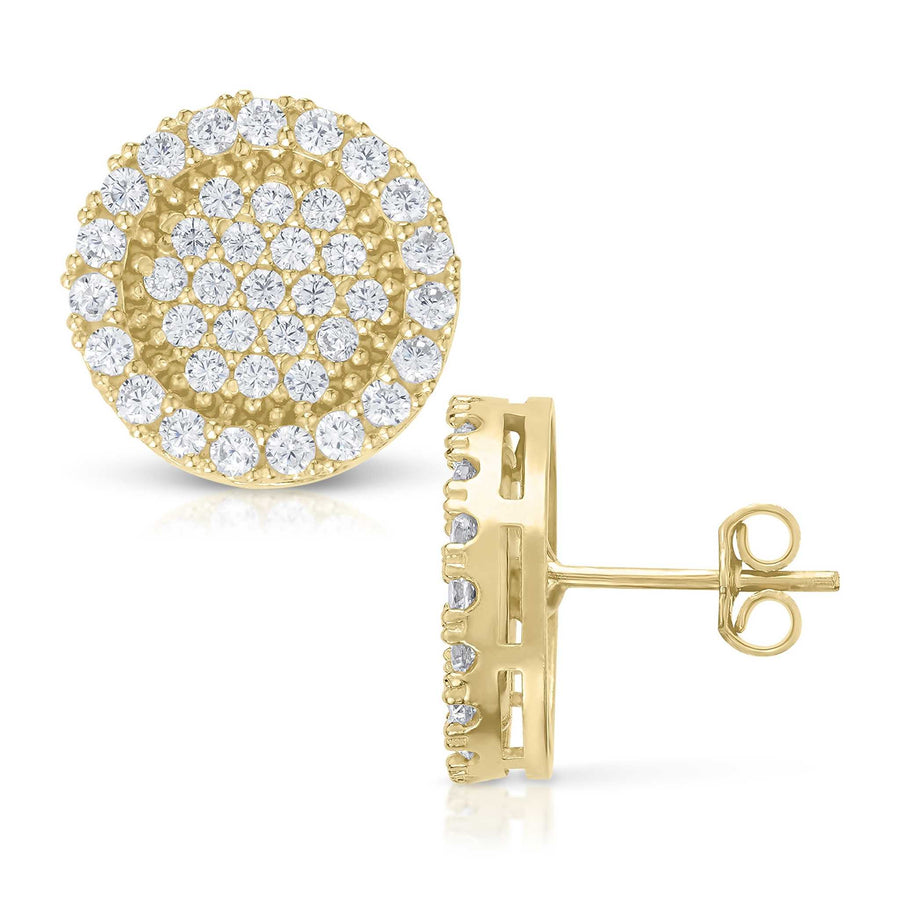 Gold Vinx round cubic zirconia stud earrings, shown with post and butterfly backing.
