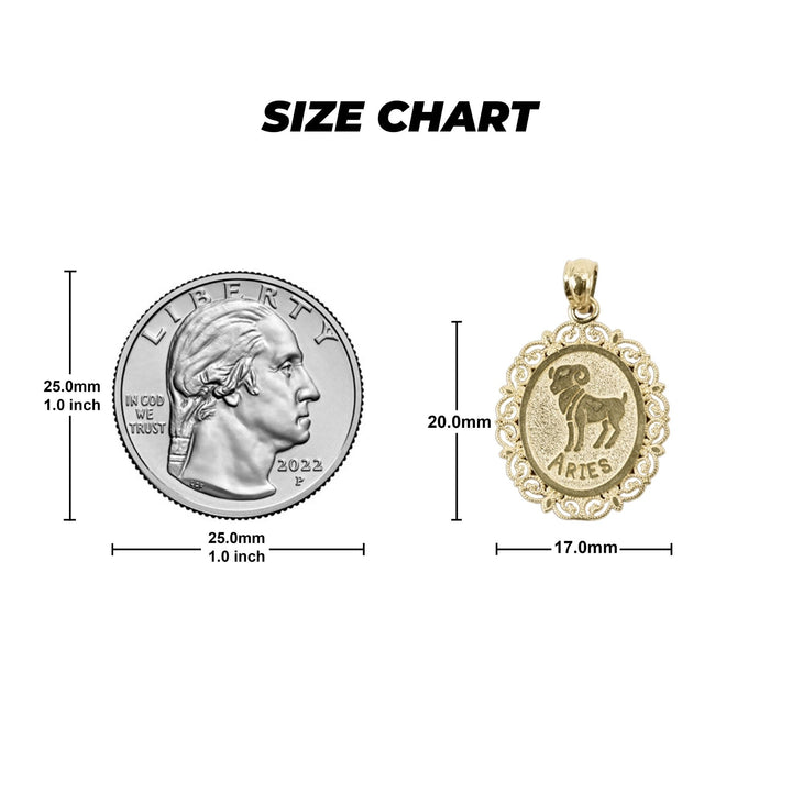 Size chart graphic for 10k solid gold Aries zodiac pendant compared to a U.S. quarter.