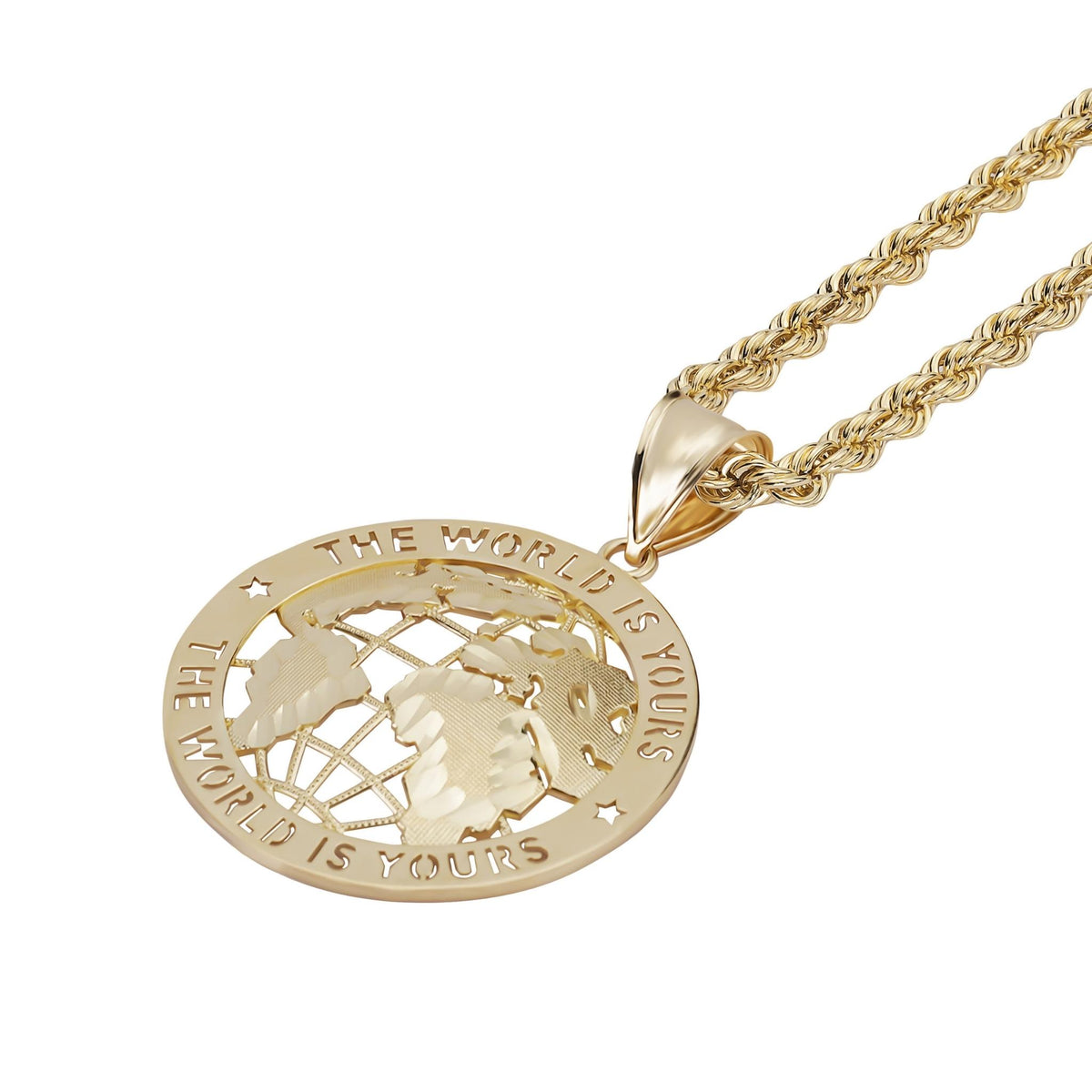 Round gold pendant displaying continental cutouts and engraved lettering hanging from a chain.