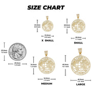 Size chart displaying dimensions for X Small, Small, Medium, and Large gold pendants with a coin.