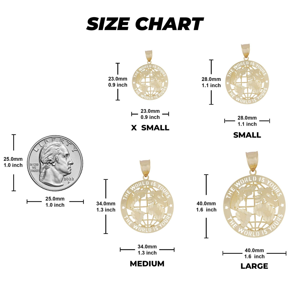 Size chart displaying dimensions for X Small, Small, Medium, and Large gold pendants with a coin.