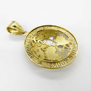 Backside perspective of gold 'The World Is Yours' globe pendant charm on a plain white background.
