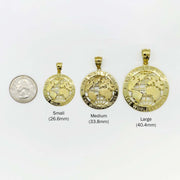 Size chart comparing gold 'The World Is Yours' globe pendants in three sizes next to a US quarter.