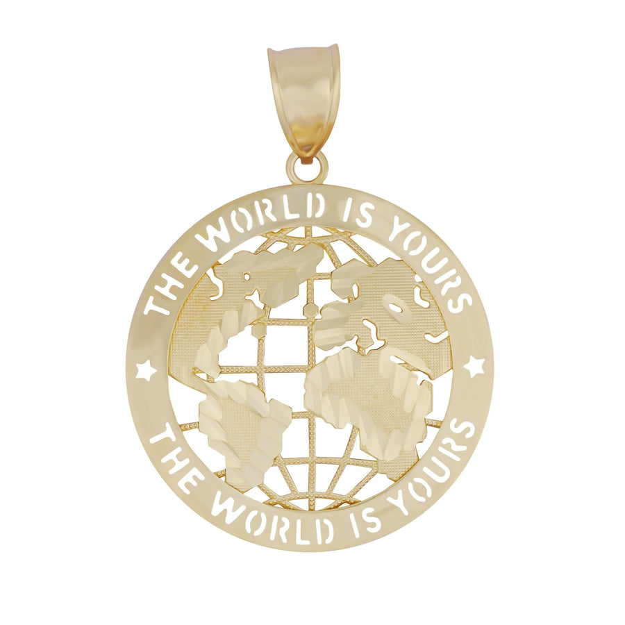 Gold cutout globe pendant featuring continents and the text "THE WORLD IS YOURS."