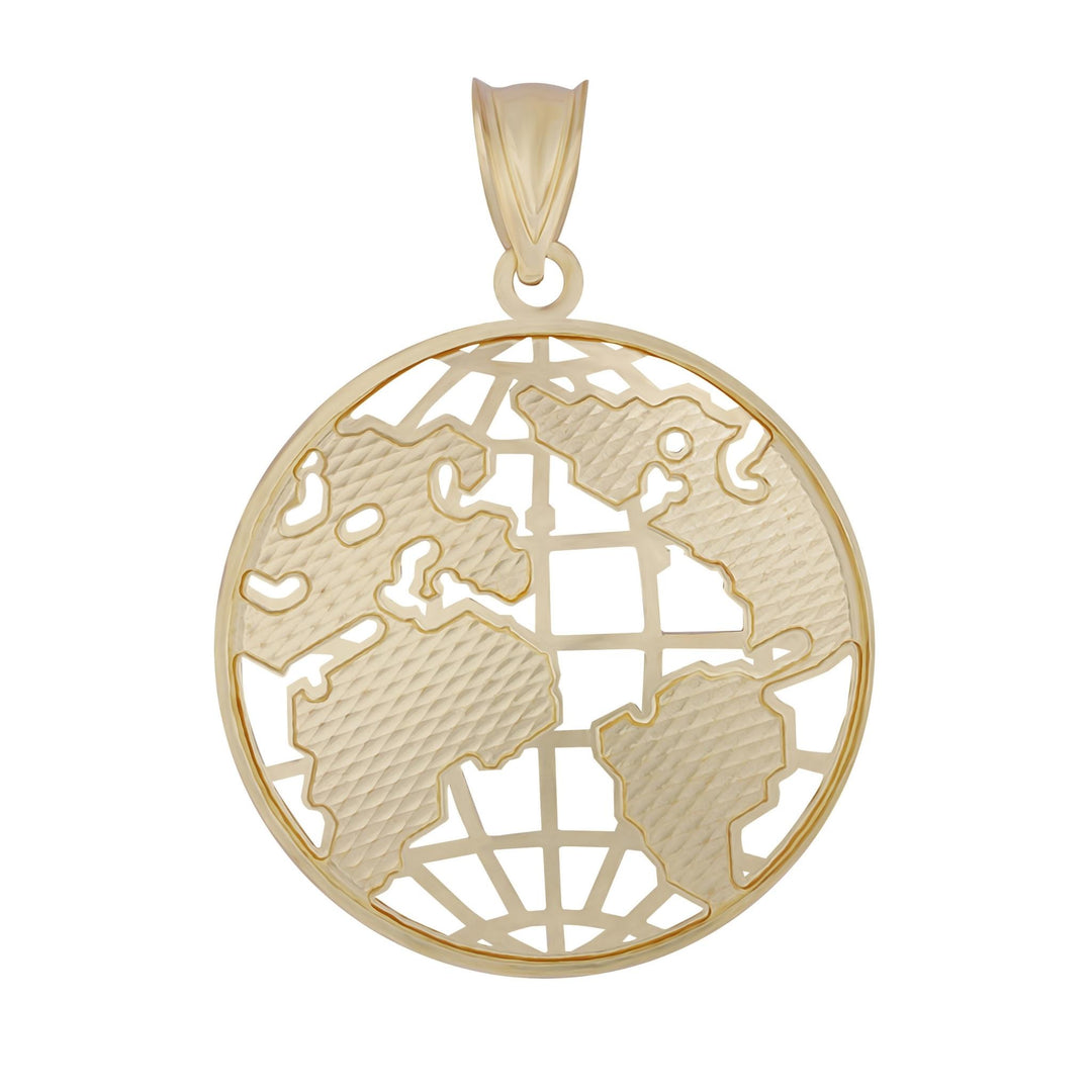 Flat view of a yellow gold cutout globe pendant with textured continents and grid.