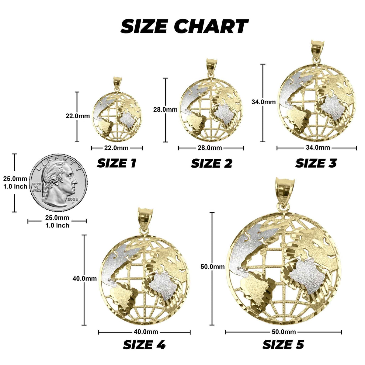 Size chart comparing five two-tone gold globe pendants to a US quarter coin.