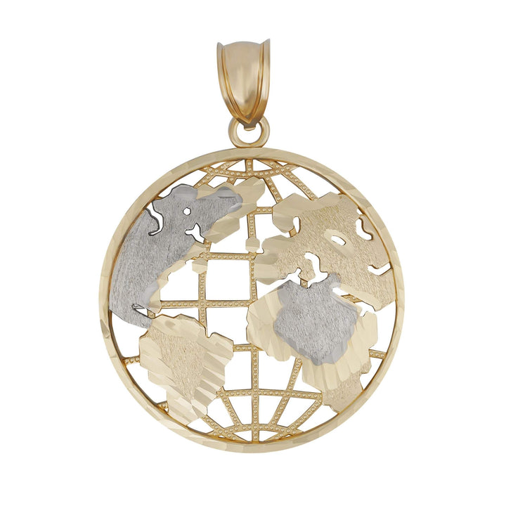Round cutout globe pendant featuring a gold grid and textured two-tone continents