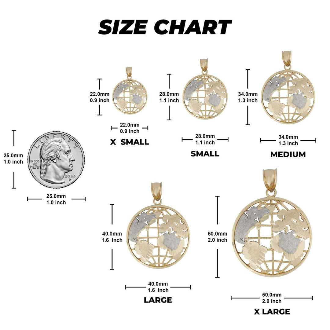 Size chart comparing five two-tone gold globe pendants to a US quarter coin.