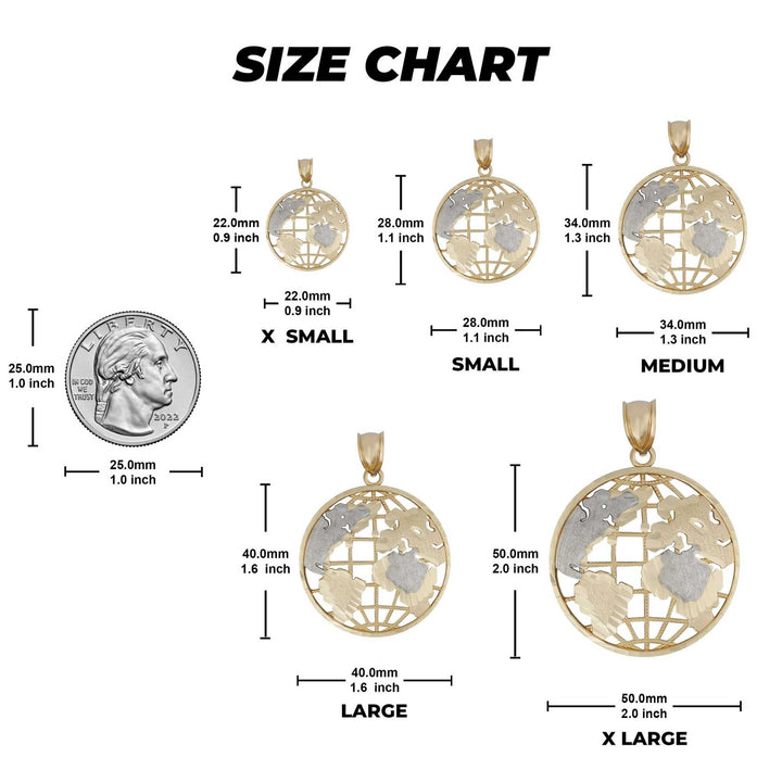 Size chart comparing five two-tone gold globe pendants to a US quarter coin.