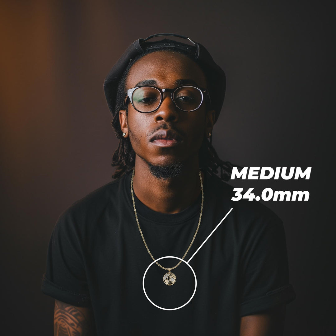 Medium 34.0mm 10k gold two-tone world globe pendant necklace on a model.
