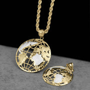 10k Gold globe pendant necklace with a twisted rope chain, shown in two views: one larger view of the globe and one smaller view of the pendant on its bail, set against a black and gray background.