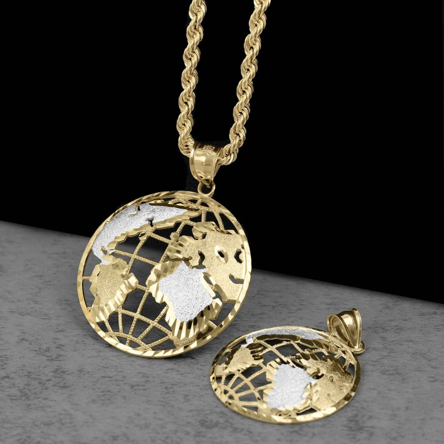 10k Gold globe pendant necklace with a twisted rope chain, shown in two views: one larger view of the globe and one smaller view of the pendant on its bail, set against a black and gray background.