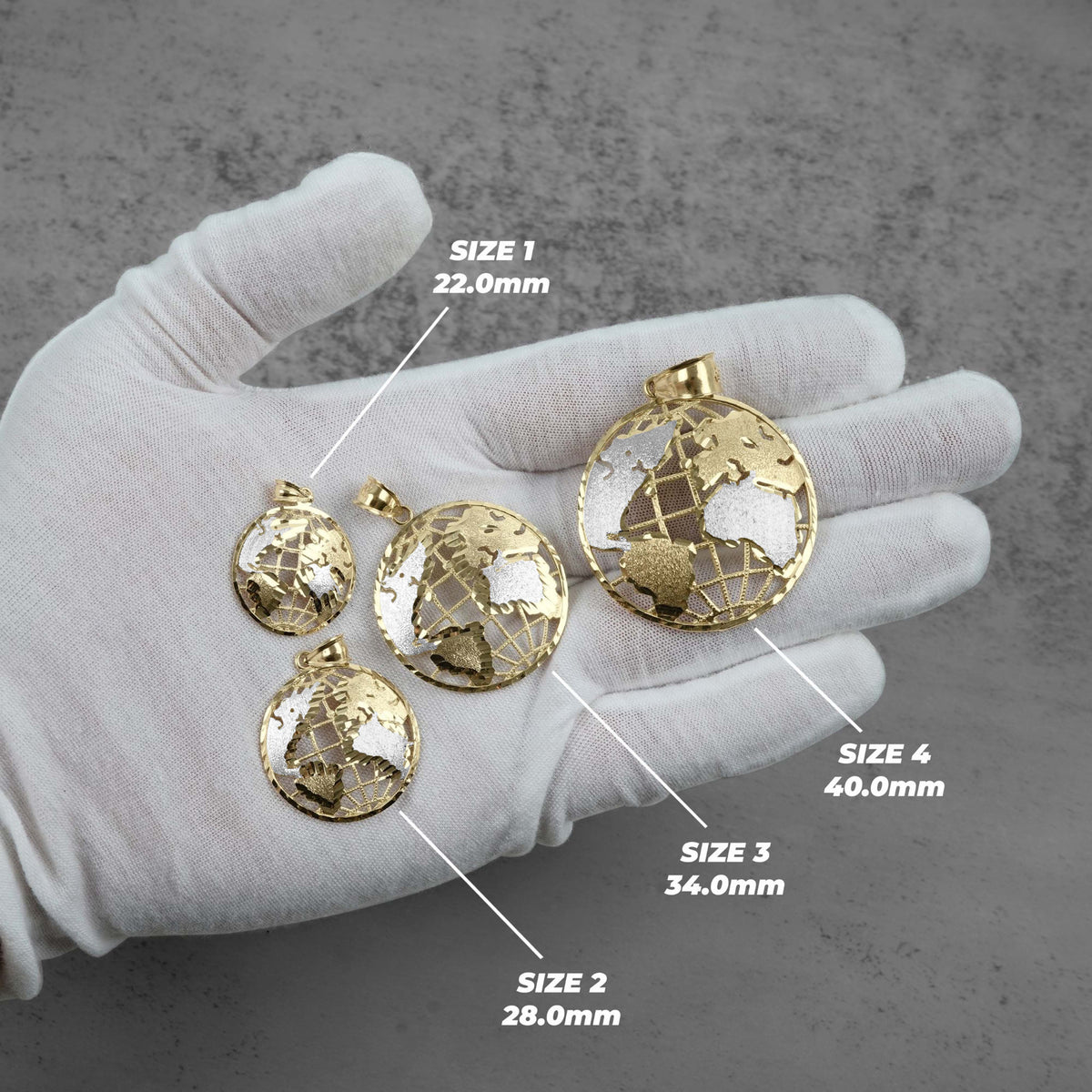 Four gold-toned globe pendant charms displayed on a white gloved hand, with size labels reading SIZE 1 22.0mm, SIZE 2 28.