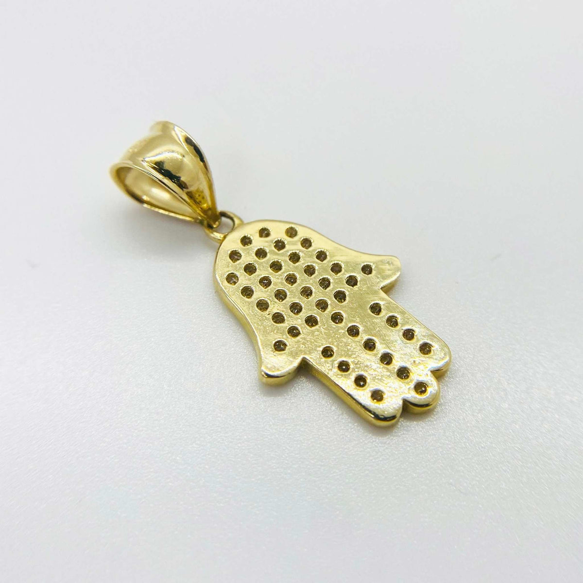 Back view of 10k gold paved CZ Hamsa hand pendant charm.