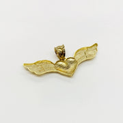 Back view of a textured 10k yellow gold heart and angel wings pendant charm.