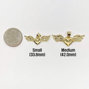 Size comparison of small 33.8mm and medium 42.0mm gold heart wing pendants next to a quarter.
