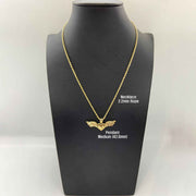 Gold winged heart pendant on a 2.2mm rope chain displayed on a black mannequin.