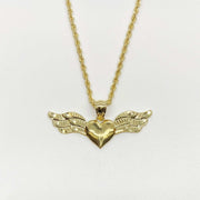 10k yellow gold heart pendant with outstretched angel wings on a gold rope chain.